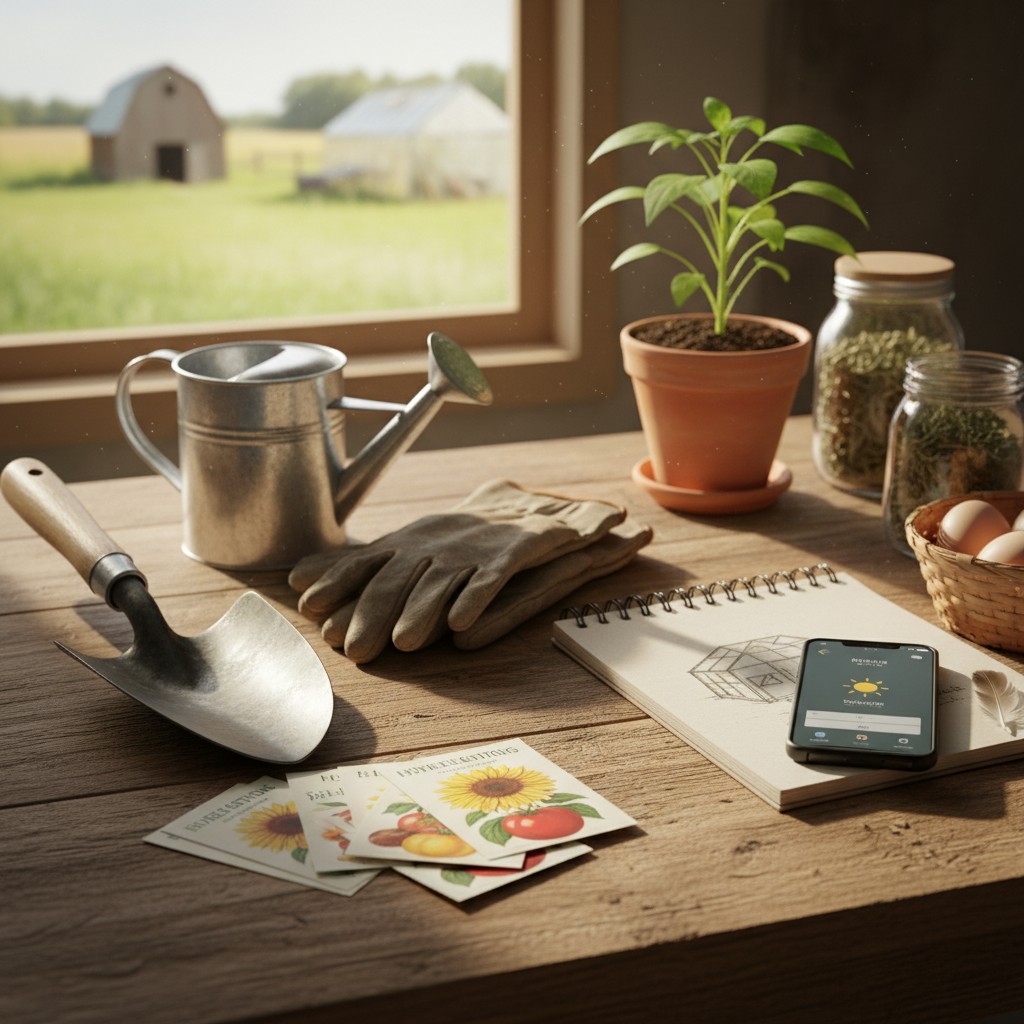 A serene scene of a wooden desk by a window overlooking a field, surrounded by gardening tools, a sprout plant in a pot, a...